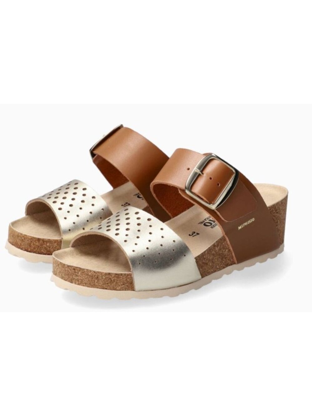 MEPHISTO Valencia Cork Wedge Strappy Leather Sandals Brown Gold 40